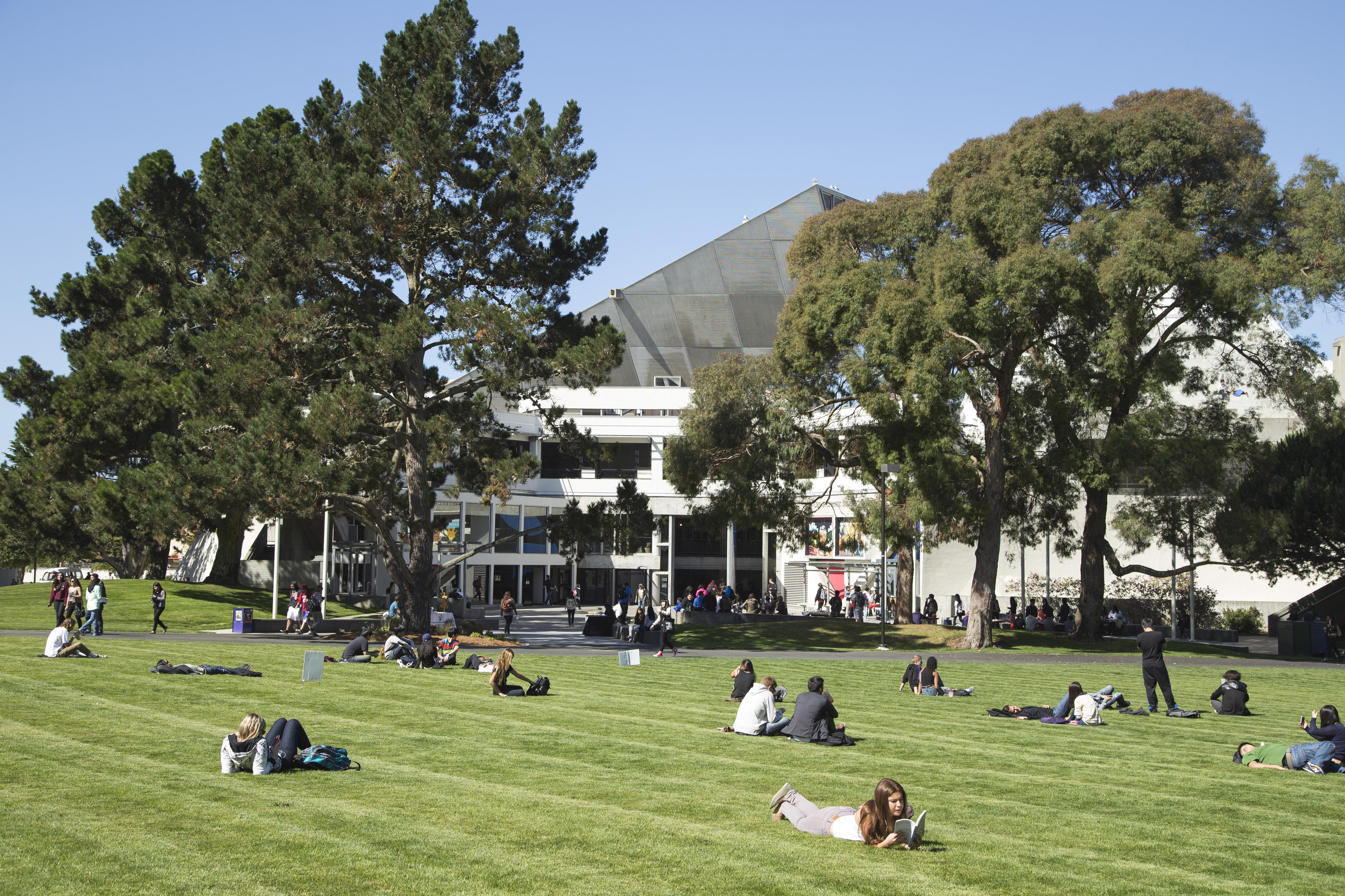 Photo: Students on Grass in front of SF State's Malcolm X Plaza